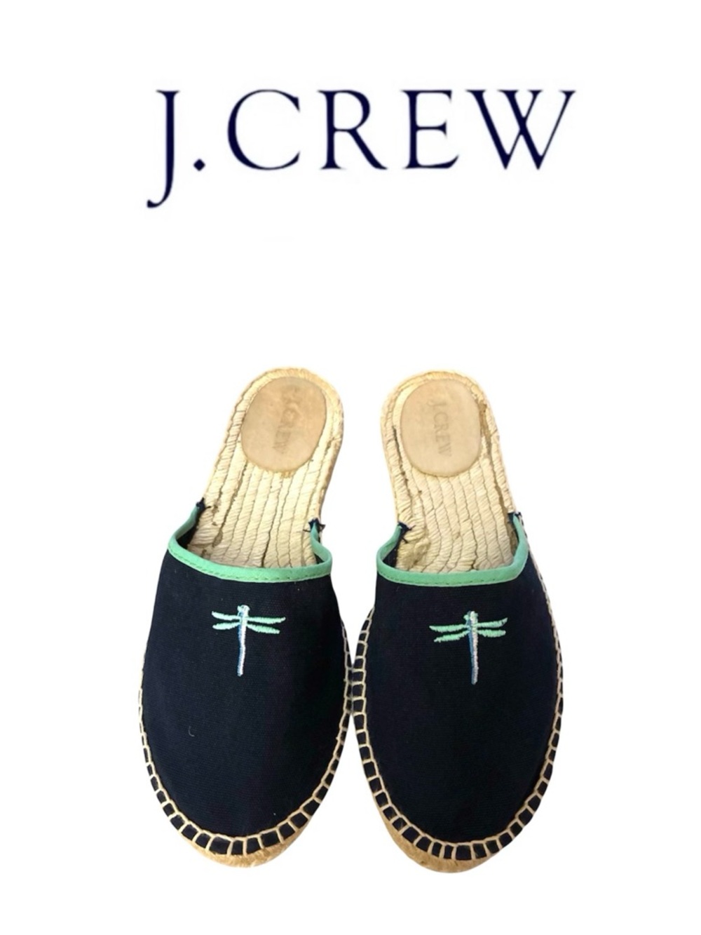 J. Crew Navy Blue Espadrille Slip-Ons with Mint Dragonfly Trim